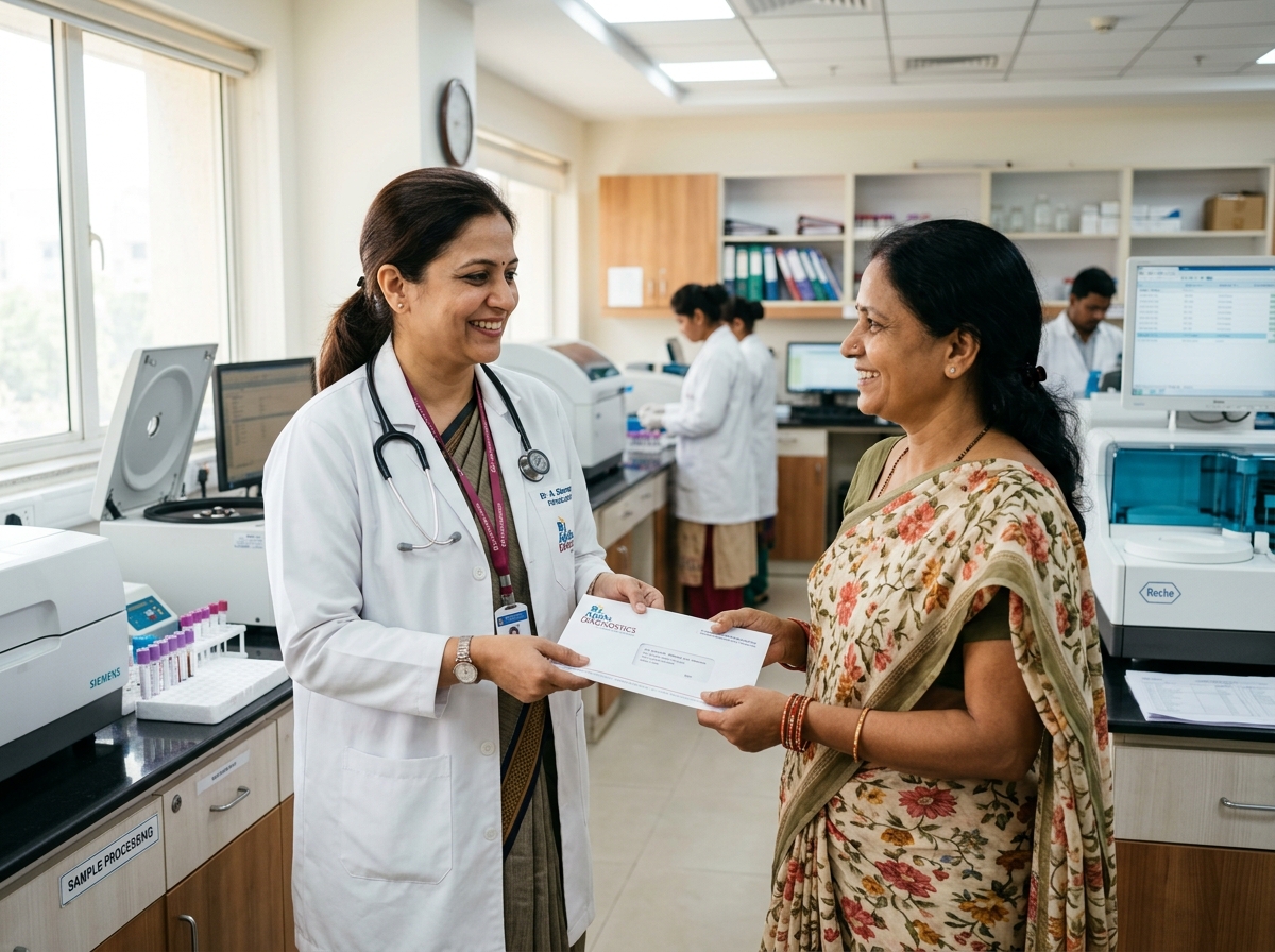 Doctor delivering diagnostic results to patient in lab
